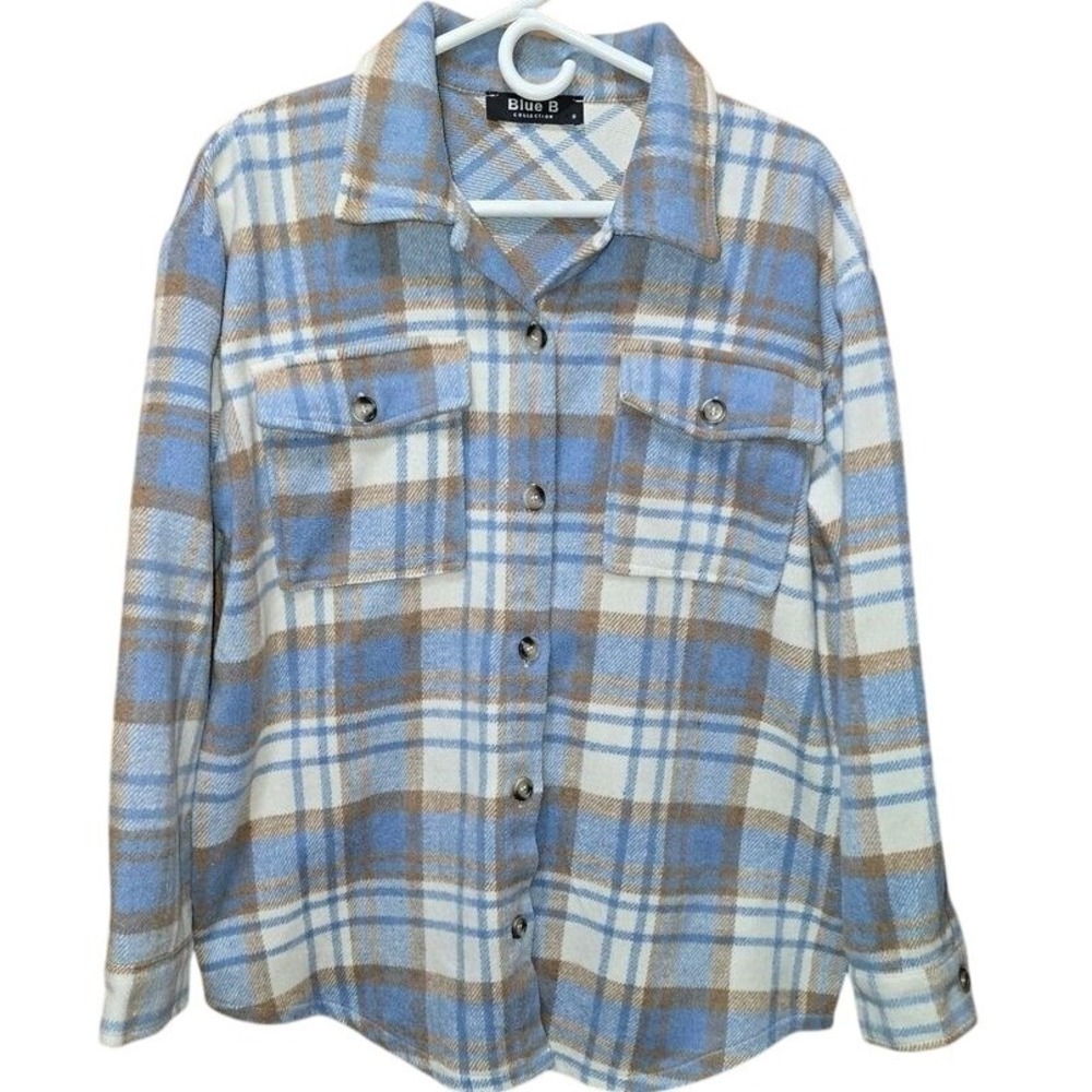 Blue B Collection Women's S‎ Fleece Plaid Button Up Shacket  Pockets SOFT!!